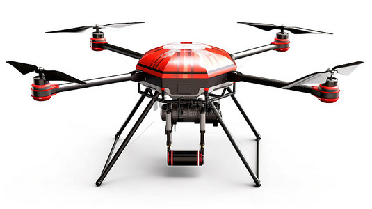 无人机多轴背景图片_白色背景隔离红色和灰色六轴飞行器由无人机 3d 渲染空投交付