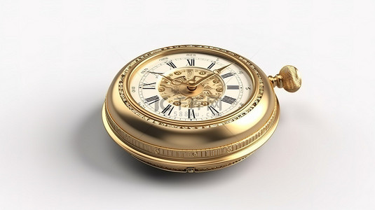 时钟标志背景图片_复古金色圆形时钟 3D 插图与白色隔离背景上的秒表图标标志