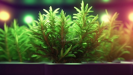 郁郁葱葱的迷迭香植物在 LED 生长灯下茁壮成长的 3D 插图