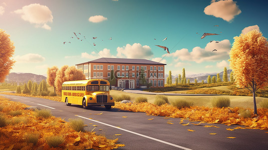 美丽建筑和黄色巴士的秋季景观学校体积风格插图