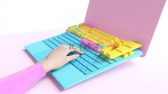 带有黄色屏幕和粉红色键盘的彩色蓝色笔记本电脑在 3D 渲染图像中由双手操作，隔离在白色背景上，带有剪切路径