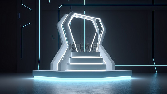 科幻产品展台模型 3d 渲染与白色结构和白色霓虹灯