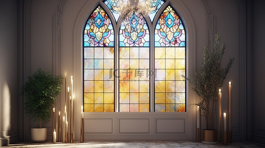 明亮通风的房间，拥有令人惊叹的彩色玻璃窗和郁郁葱葱的植物，并设有用于展示产品的讲台