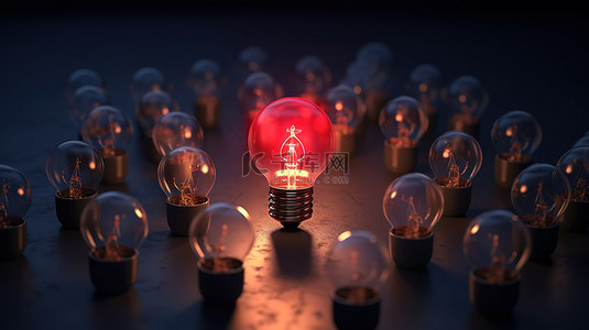 创新的领导者单个发光灯泡在一组黑暗的白炽灯 3D 渲染中闪闪发光