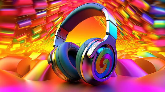 色彩缤纷的 3D 背景下充满活力的耳机