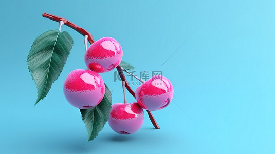樱桃蓝莓背景图片_充满活力的樱桃，叶子为双色调风格，蓝色背景渲染为 3D