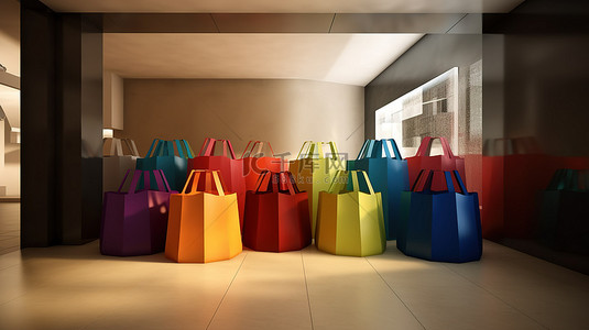 店铺品牌背景图片_带品牌购物袋的 3d 零售店