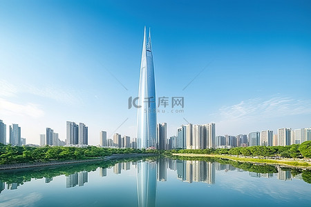 地标建筑建筑背景图片_有蓝色水和地平线的首尔地标摩天大楼