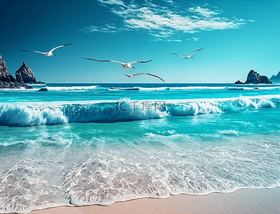 卡通蓝色海洋背景图片_海岸海鸥美丽的蓝色海洋背景