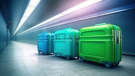 地铁背景与 3d 渲染中的蓝色和绿色硬箱行李