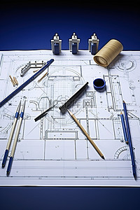 量角器背景图片_一张绘图桌，上面有蓝图和工具