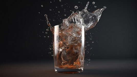 饮背景图片_带有冰块和水溅的电影清凉软饮料模型在 3D 渲染中包含剪切路径