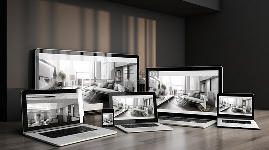 多屏幕背景图片_在多设备 3d 渲染上显示的室内设计网站