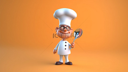 带着厨师帽的小猪背景图片_拿着大勺的厨师的卡通风格 3D 插图