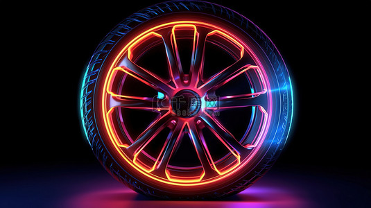 货车插图背景图片_带有发光霓虹灯线框的车轮的 3D 渲染