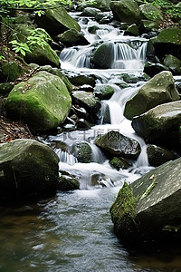 古诗瀑布背景图片_水流穿过岩石流入森林中的溪流