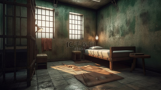 3D 插图，显示一间破旧的监狱牢房中的小铁窗和木床