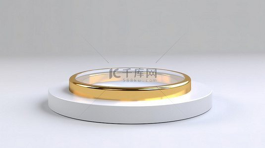 圆形射光背景图片_圆形金环玻璃讲台，由白色背景 3D 插图渲染上的辐射光照亮