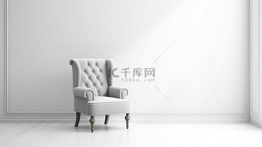 空白墙背景，配有豪华天鹅绒木椅，中性内饰，以 3D 渲染