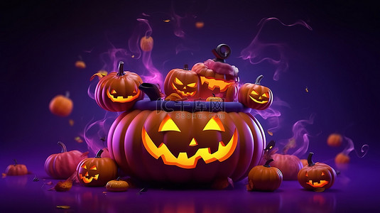 传统鬼节背景图片_幽灵般的万圣节杰克灯笼女巫的大锅和紫色背景上的鬼魂传统的 10 月 3D 渲染