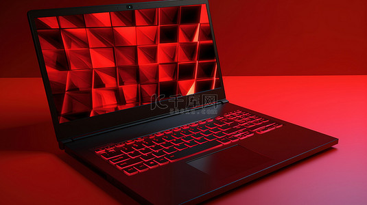 充满活力的红色背景上的游戏笔记本电脑的 3D 渲染