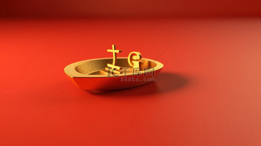 红色的船背景图片_标志性的船 3D 渲染的社交媒体符号，红色哑光金板上的金色船
