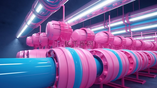 带有粉红色阀门和气缸的天然气管道的蓝色侧视图 3d 渲染钢管