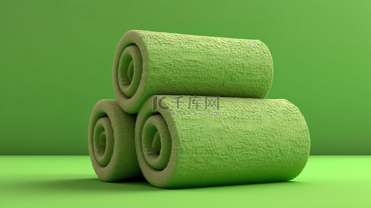 绿色背景，带有整齐折叠和卷起的毛巾的独立 3D 渲染