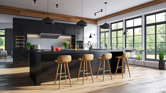时尚的黑色凳子与通风的生活空间中的现代厨房岛相得益彰 3D 可视化