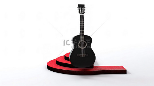 舞台唱歌背景图片_圆形白色基座上的黑色木质原声吉他的 3D 渲染，带有台阶和白色背景的红地毯
