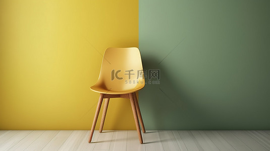 木腿椅子的 3D 渲染作为室内装饰，非常适合绘画或壁纸