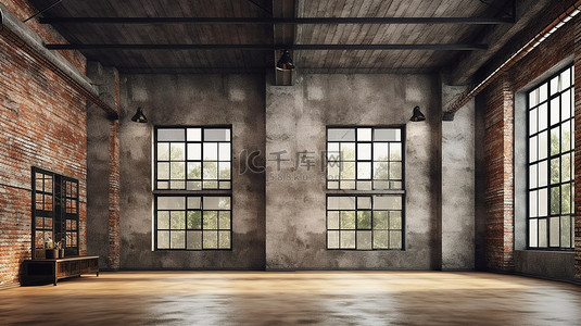 室内样机背景图片_阁楼风格的室内样机工业垃圾与复古砖墙3D 渲染