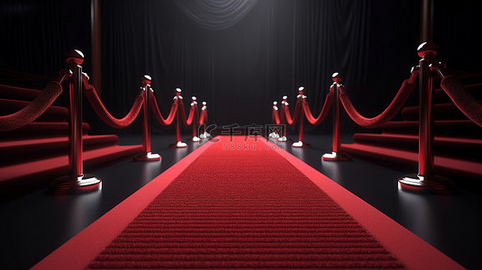 梯背景图片_红地毯盛宴 3D 渲染豪华通道，两侧是通向大楼梯的绳索屏障