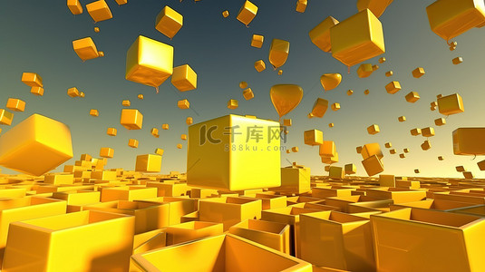 黄色礼物盒子背景图片_半空中的黄色礼品盒 3D 渲染