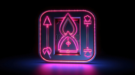 发光的霓虹灯赌场和赌博主题与深色背景 3D 渲染图像上的扑克牌