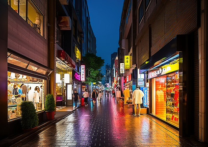 明亮城市背景图片_明亮城市中一条有许多商店的街道