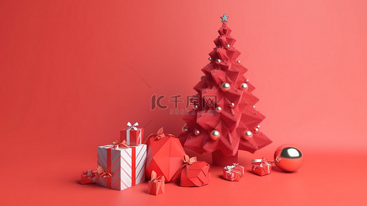 喜庆礼物节日背景图片_喜庆的杉树，在充满活力的红色背景 3D 渲染上装饰着礼物和装饰品