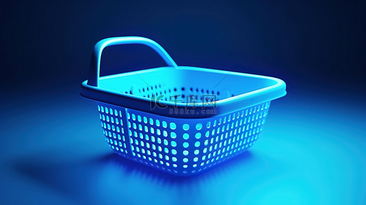 杂货背景图片_3D 渲染双色调蓝色卡通篮，采用简约设计，适合杂货购物
