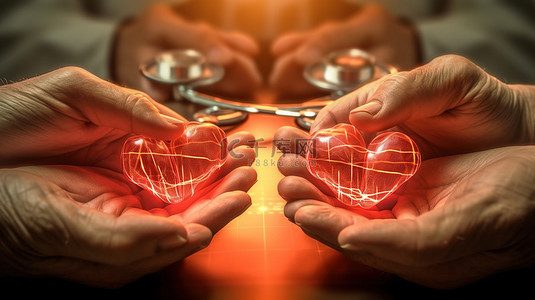 手和心背景图片_有 3d 心脏和心电图的手代表医疗保险医疗保健医学和慈善概念