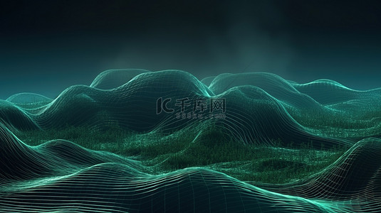 绿色流动背景图片_未来派 3d 网络空间网格景观中的绿色流动线条和点