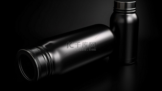 塑料瓶样机背景图片_时尚哑光黑色不锈钢热水瓶白色背景3D 渲染