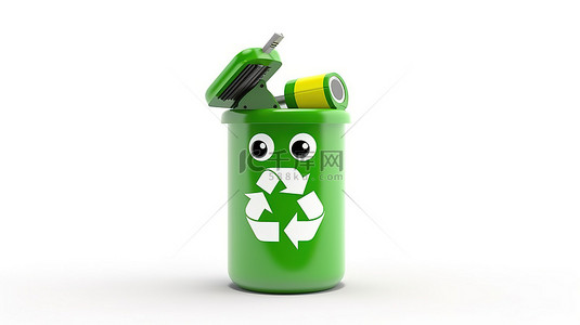 白色背景上带有回收标志和可充电电池的绿色垃圾桶吉祥物的 3D 渲染
