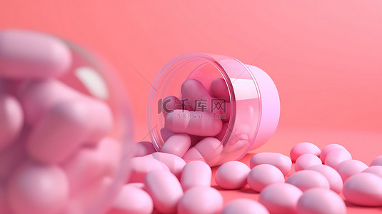 保健概念彩色药片和胶囊粉红色背景，具有选择性焦点复制空间和 3D 插图