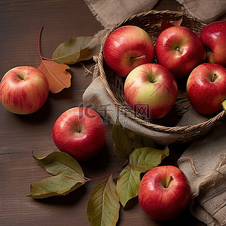 苹果叶子和木桌上的叶子