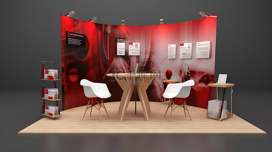 商业信息展示背景图片_创新展台设计，带 3D 插图桌椅信息板卷起