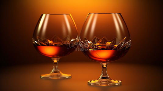 一对干邑和威士忌玻璃高脚杯的真实 3D 插图