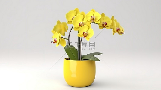 黄色兰花背景图片_白色背景上 3d 渲染盆中的黄色兰花