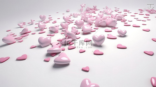 在 3D 渲染中用粉红色的心装饰着丰富的白色空间