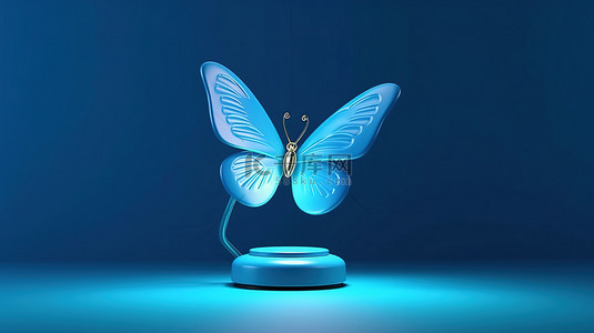 蓝色背景 3D 渲染上光滑的蓝色台灯照亮的可爱蝴蝶