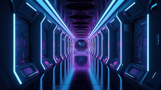 紫色赛博朋克背景图片_3d 渲染中具有霓虹蓝紫色背景的太空飞船走廊的科幻插图